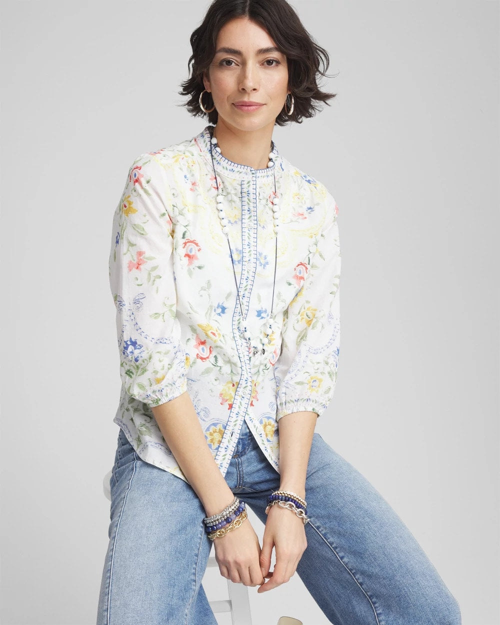 Chico's Floral Billow-Sleeve Blouse MELON MAMBO