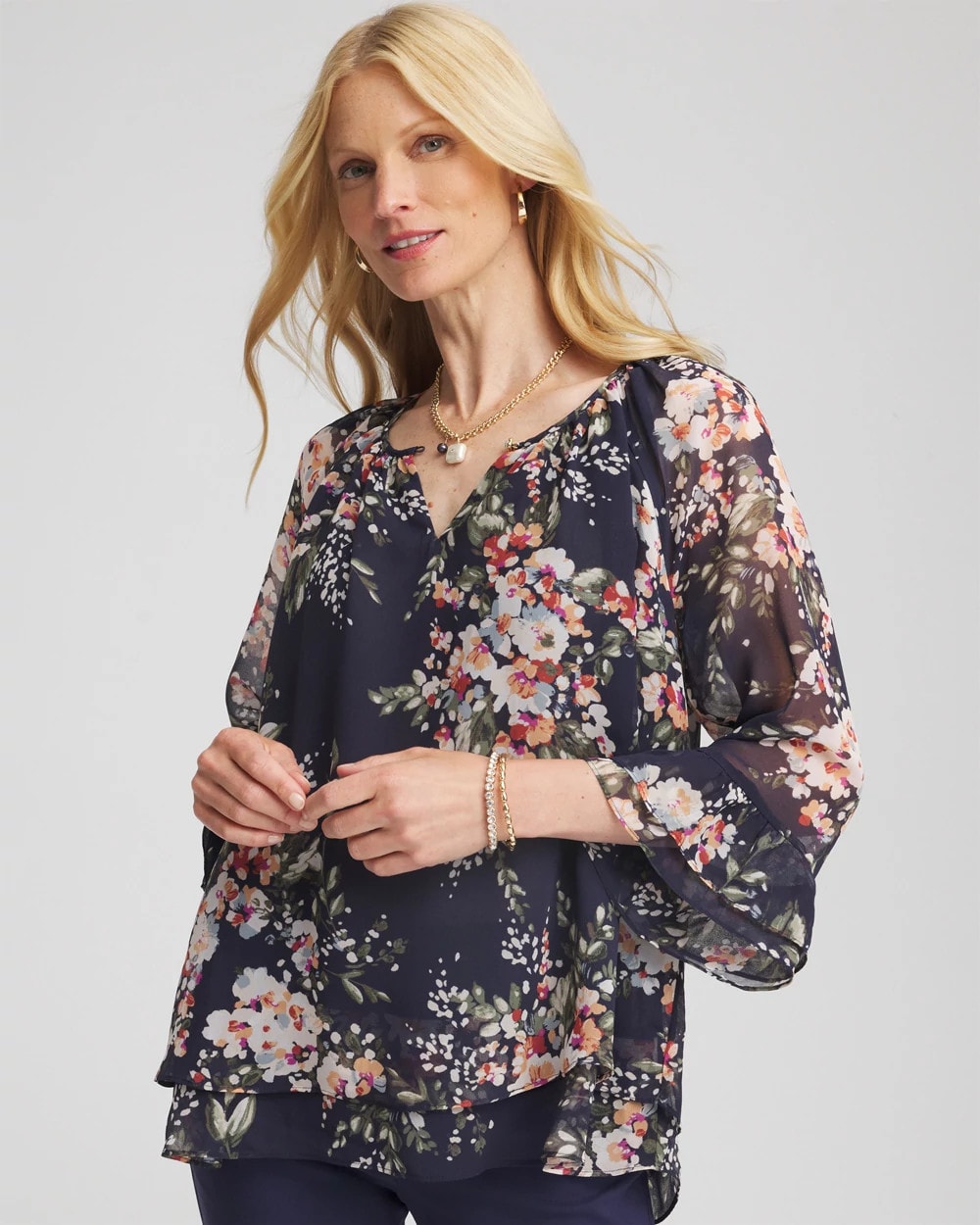 Chico's Floral Georgette Blouse PASSPORT BLUE