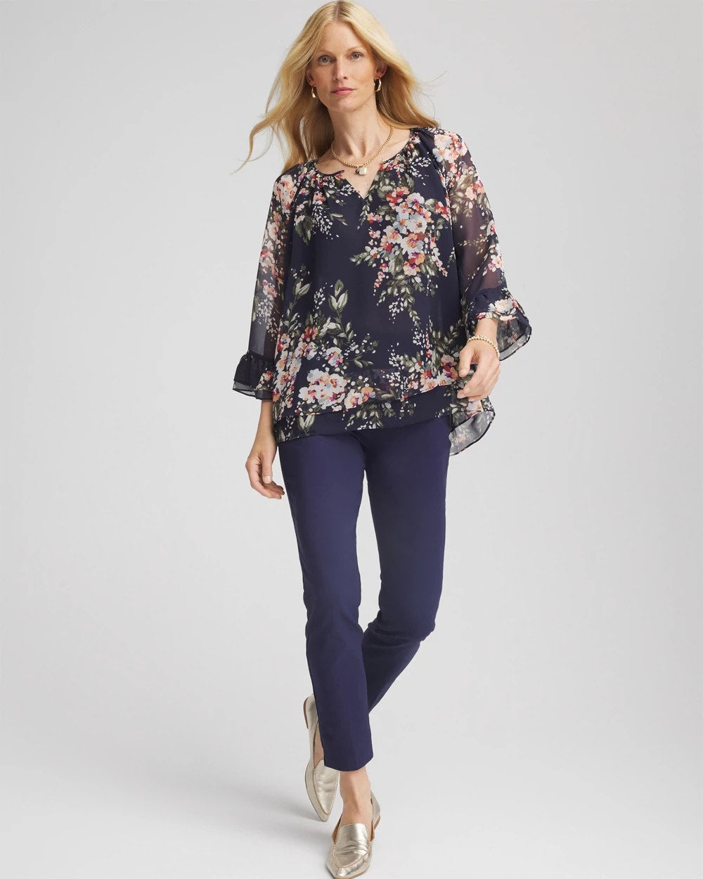 Chico's Floral Georgette Blouse PASSPORT BLUE
