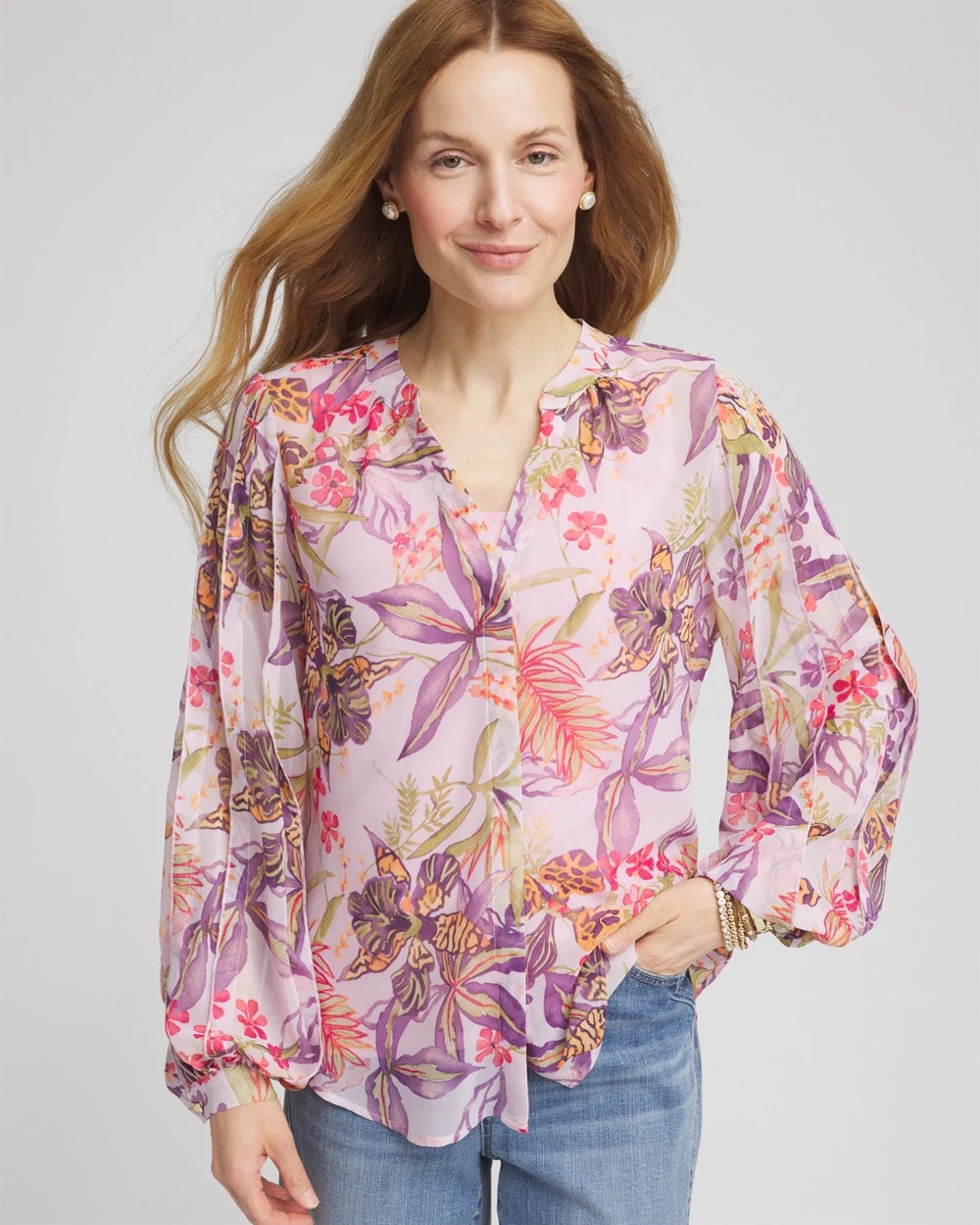 Chico's Floral Georgette Pintuck Blouse PLUM SHADE
