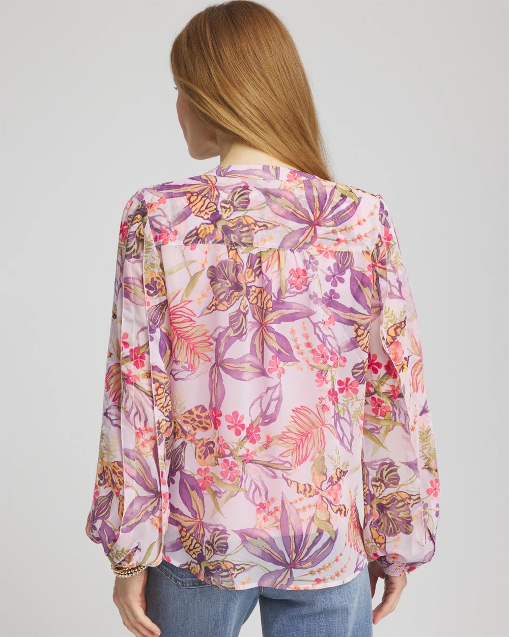 Chico's Floral Georgette Pintuck Blouse PLUM SHADE