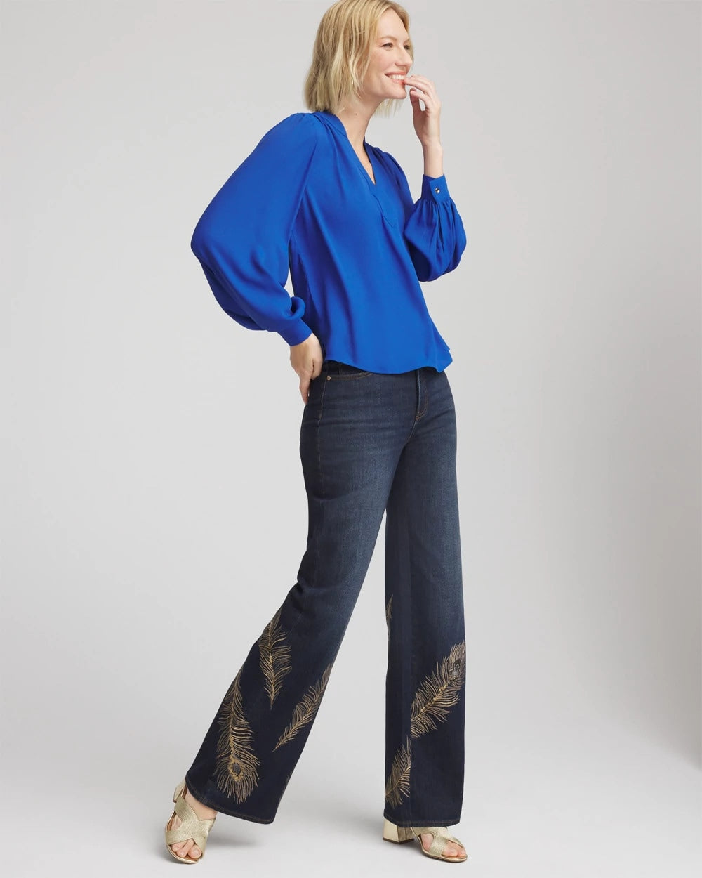 Chico's Splitneck Pullover Crepe Blouse COBALT STONE