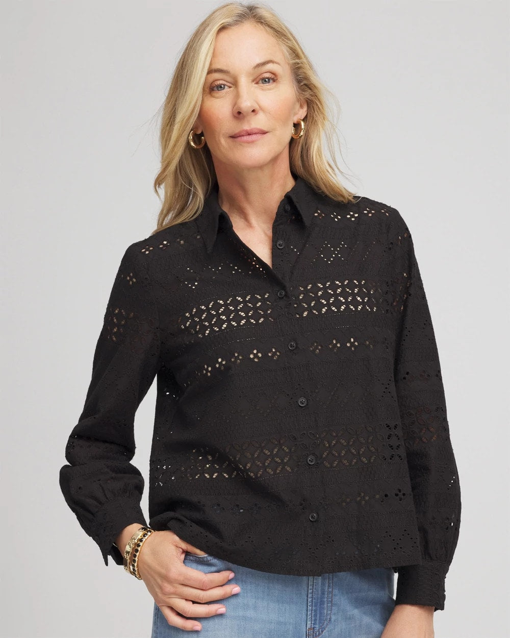 Chico's Embroidered Eyelet Collared Shirt BLACK