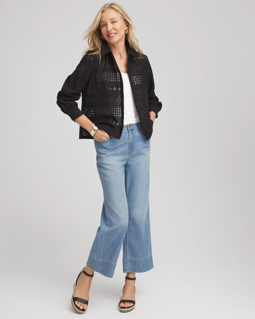Chico's Embroidered Eyelet Collared Shirt BLACK