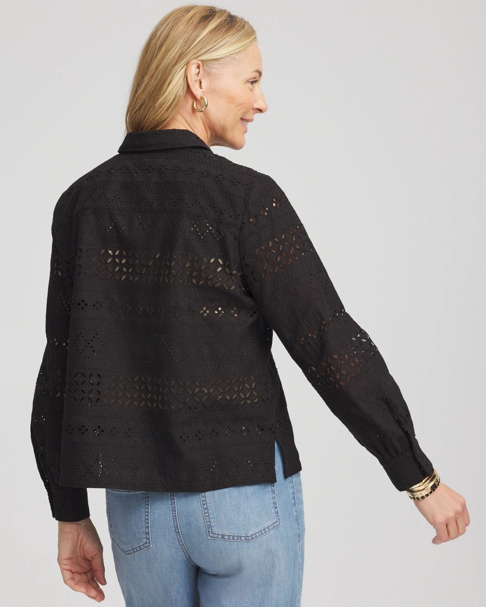 Chico's Embroidered Eyelet Collared Shirt BLACK