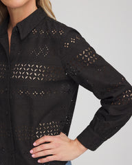 Chico's Embroidered Eyelet Collared Shirt BLACK