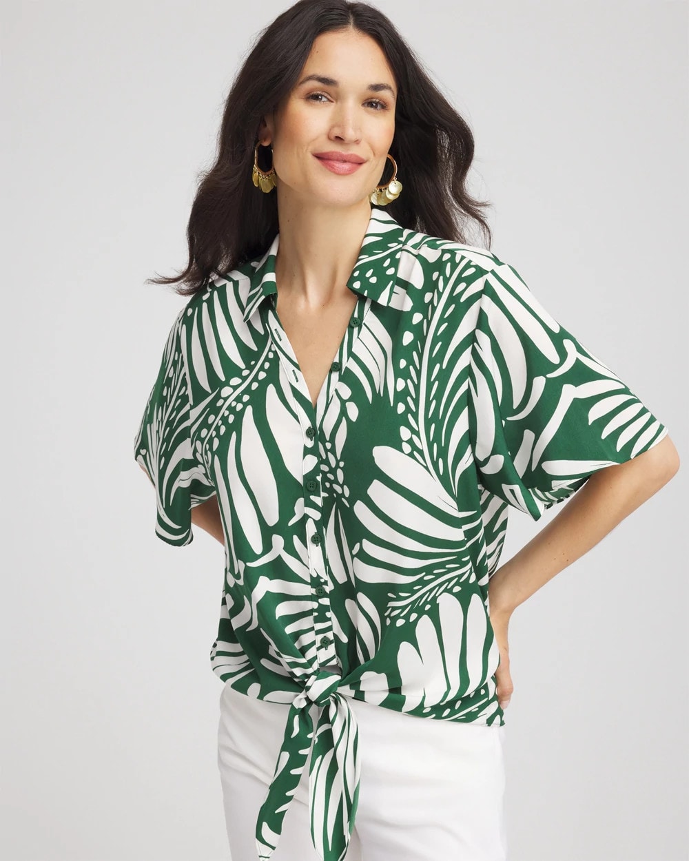 Chico's Palm Print Tie-Front Silky Top PALM LEAF