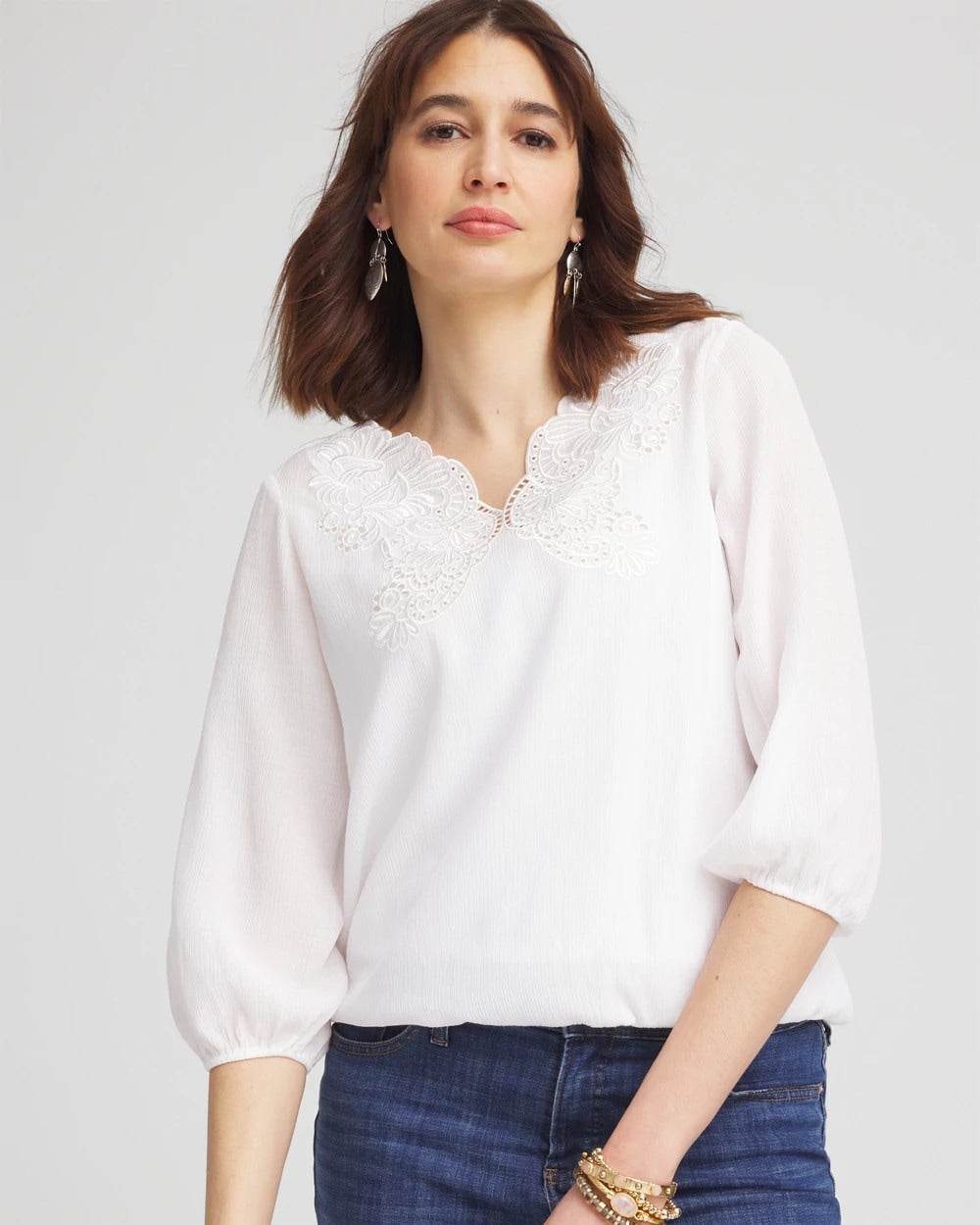 Chico's Embroidered Cutout Blouse ALABASTER