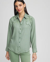 Chico's Embellished Lyocell Tencel™ Collared Shirt MINERAL GREEN