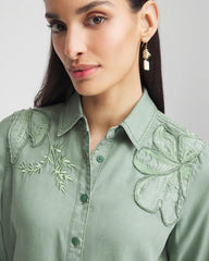 Chico's Embellished Lyocell Tencel™ Collared Shirt MINERAL GREEN