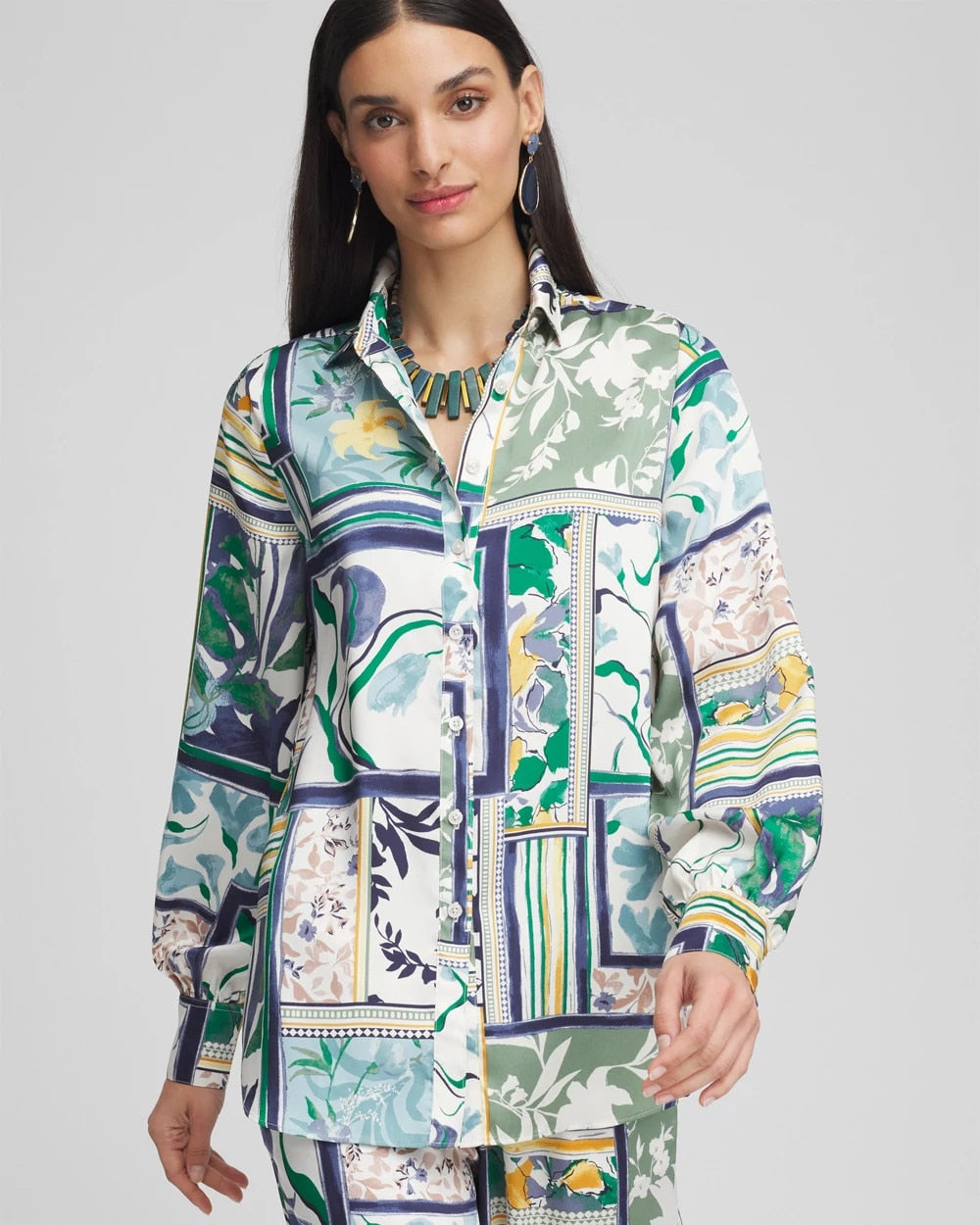 Chico's Faux Silk Coastal Collared Shirt IVY LEAGUE
