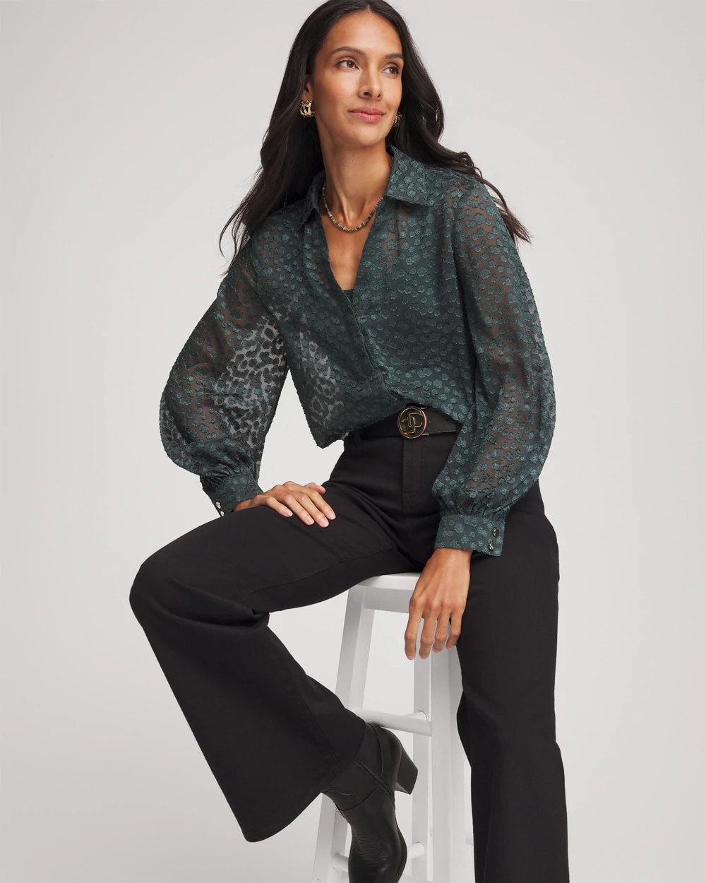 Chico's Clip-Dot Billow-Sleeve Blouse DARKEST SPRUCE
