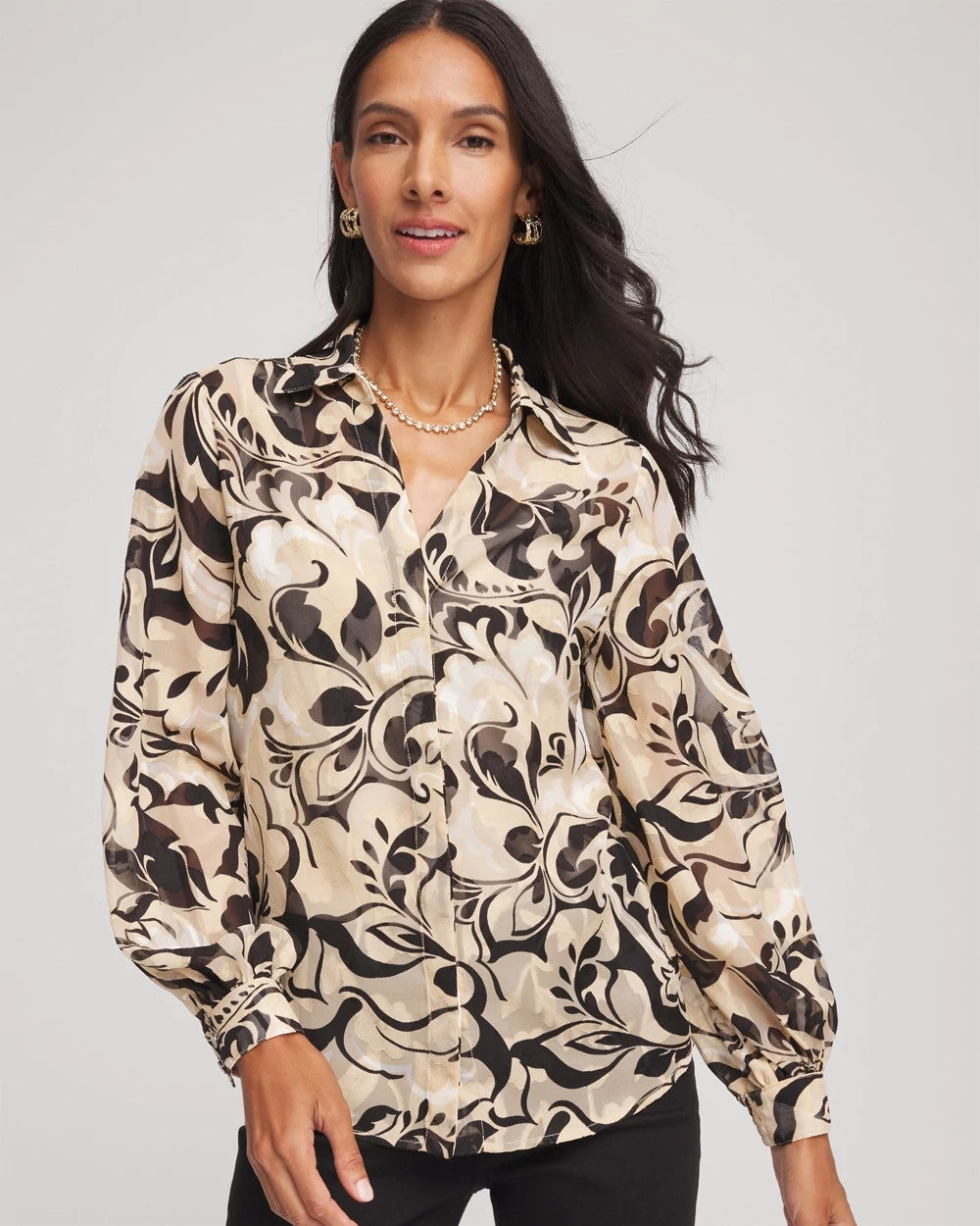 Chico's Floral Burnout Blouson-Sleeve Blouse BLACK