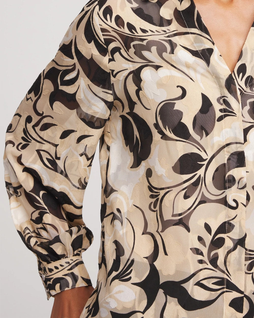Chico's Floral Burnout Blouson-Sleeve Blouse BLACK