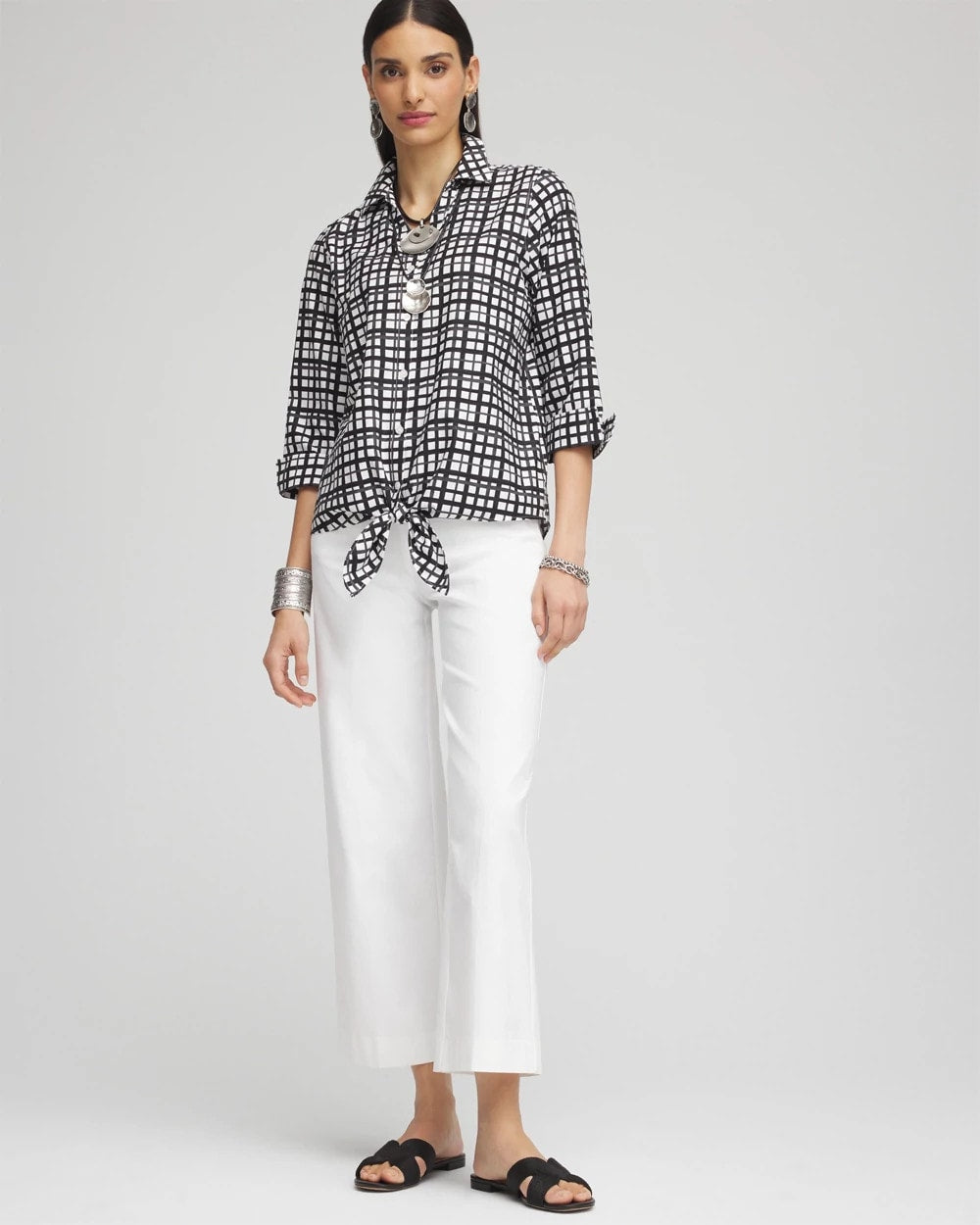 Chico's No Iron™ Plaid Tie-Front Top BLACK