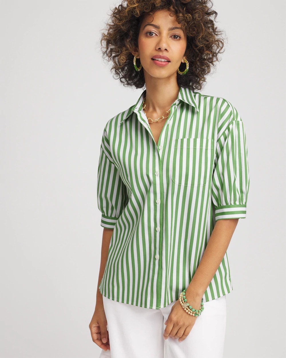 Chico's No Iron™ Short Striped Shirt SALTED LIME