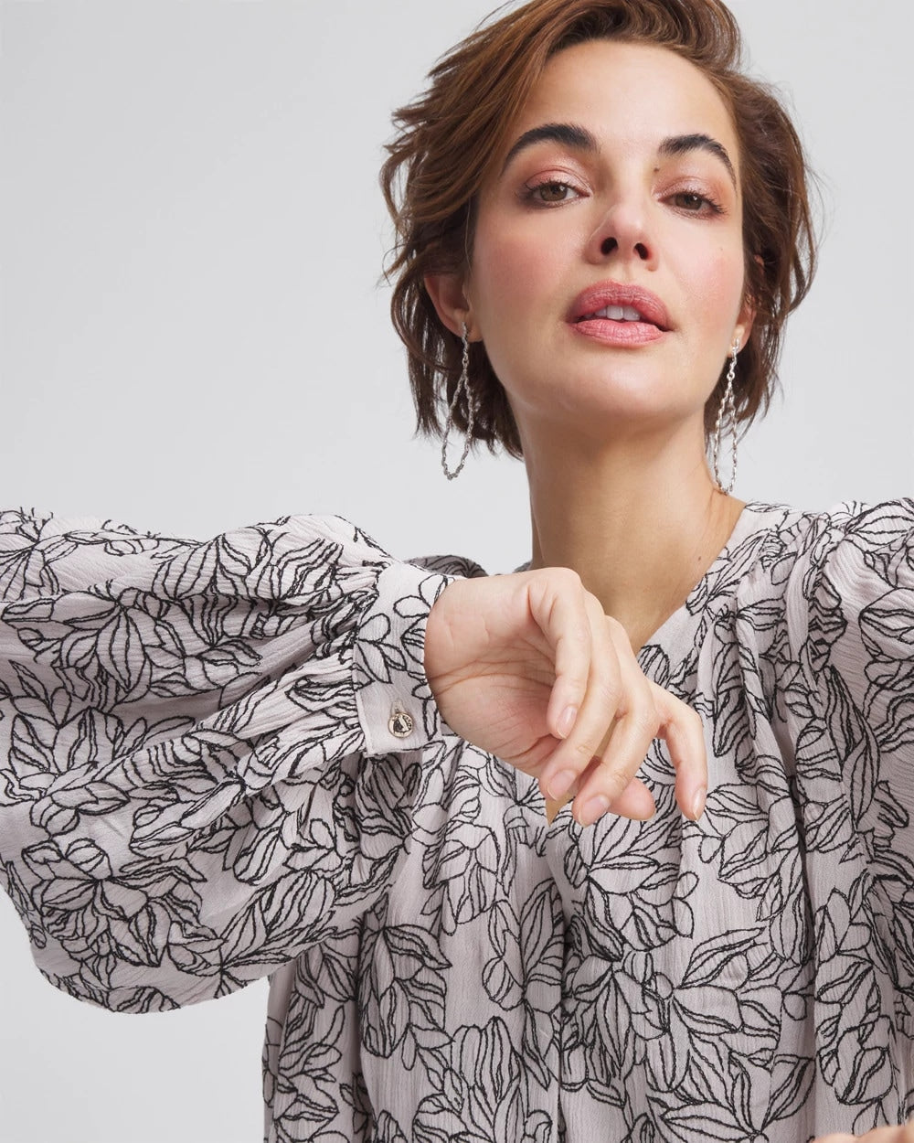 Chico's Crepe Embroidered Blouse SMOKEY TAUPE