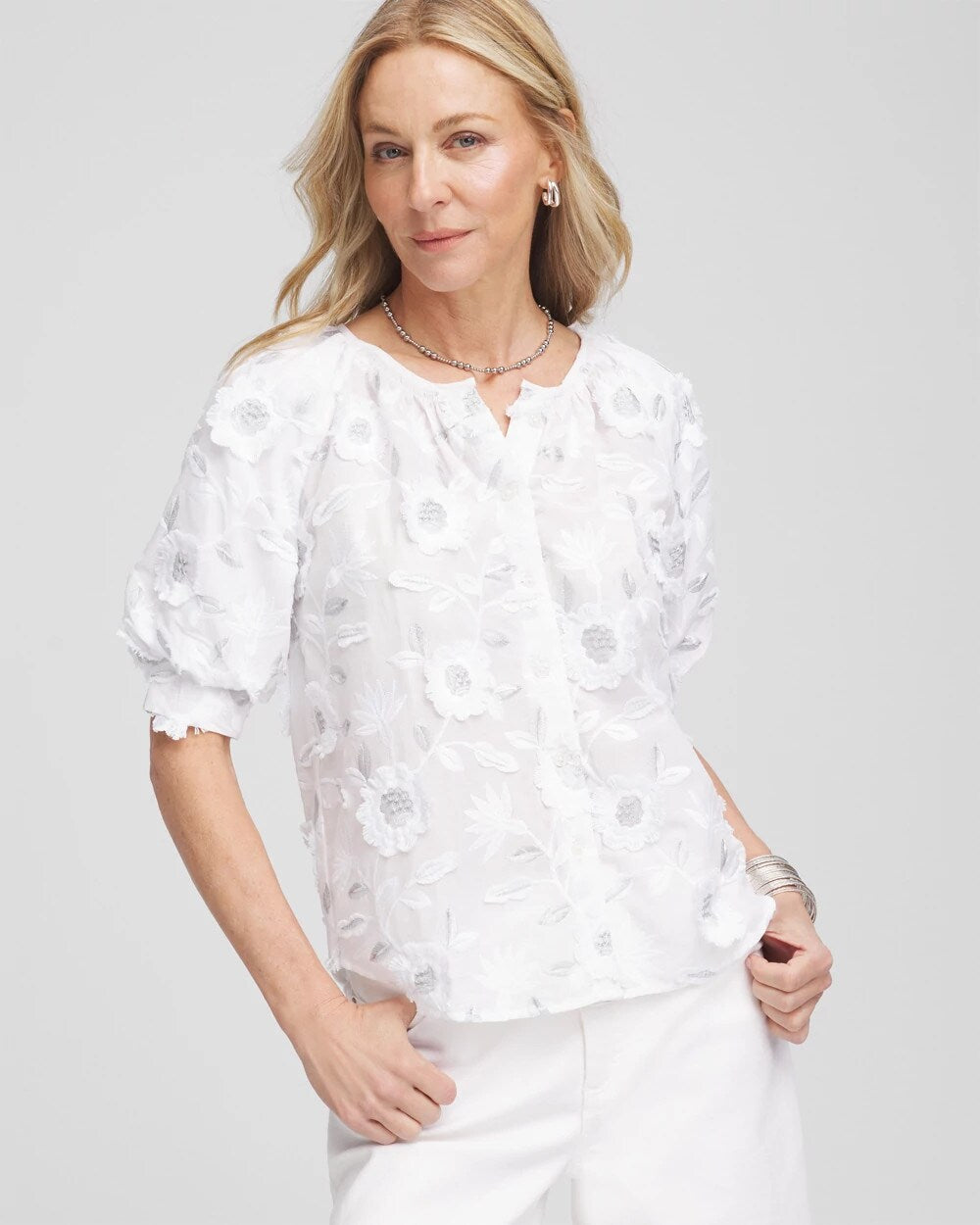 Chico's Applique Embroidered Top ALABASTER