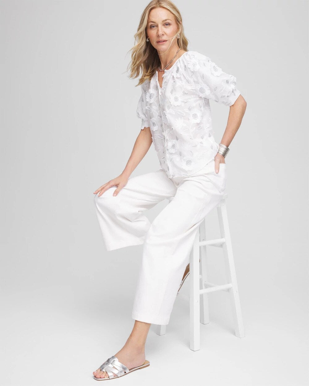 Chico's Applique Embroidered Top ALABASTER