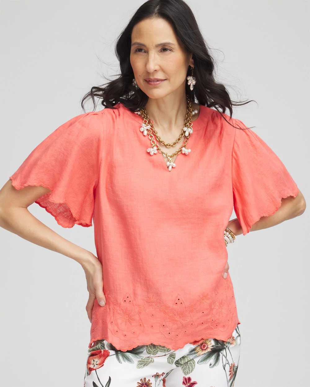 Chico's Linen Embroidered Hem Blouse MELON MAMBO