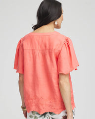 Chico's Linen Embroidered Hem Blouse MELON MAMBO