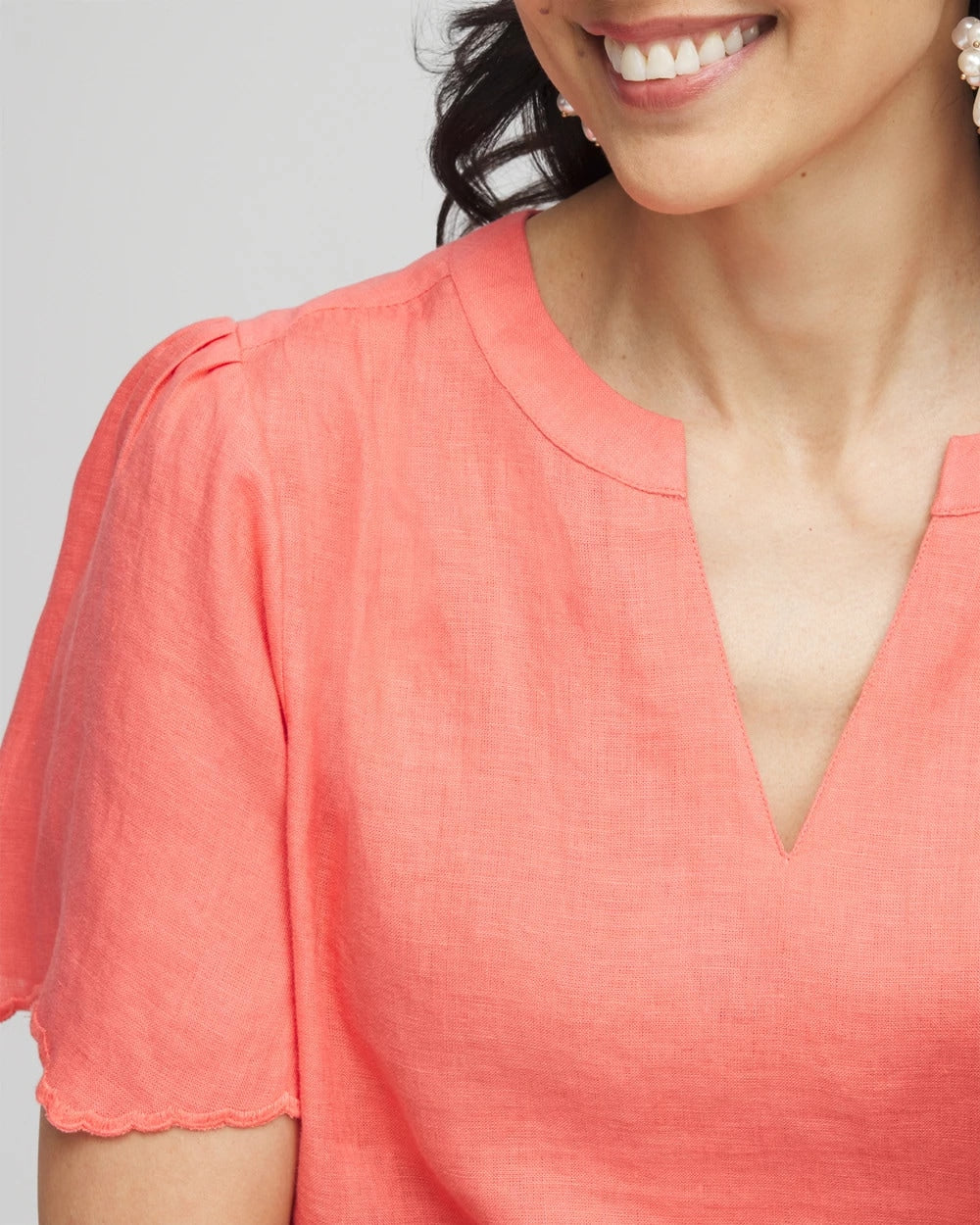 Chico's Linen Embroidered Hem Blouse MELON MAMBO