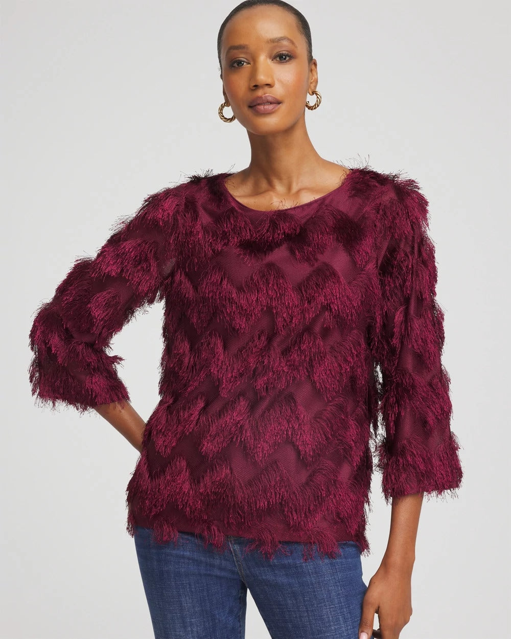 Chico's Chevron Fringe Party Top DEEP CHIANTI