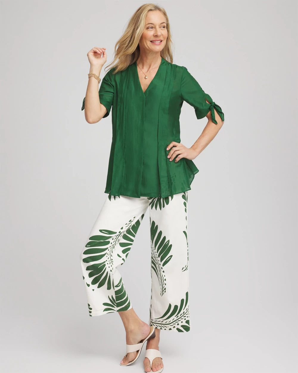 Chico's Cotton Voile & Silk Pleated Blouse PALM LEAF