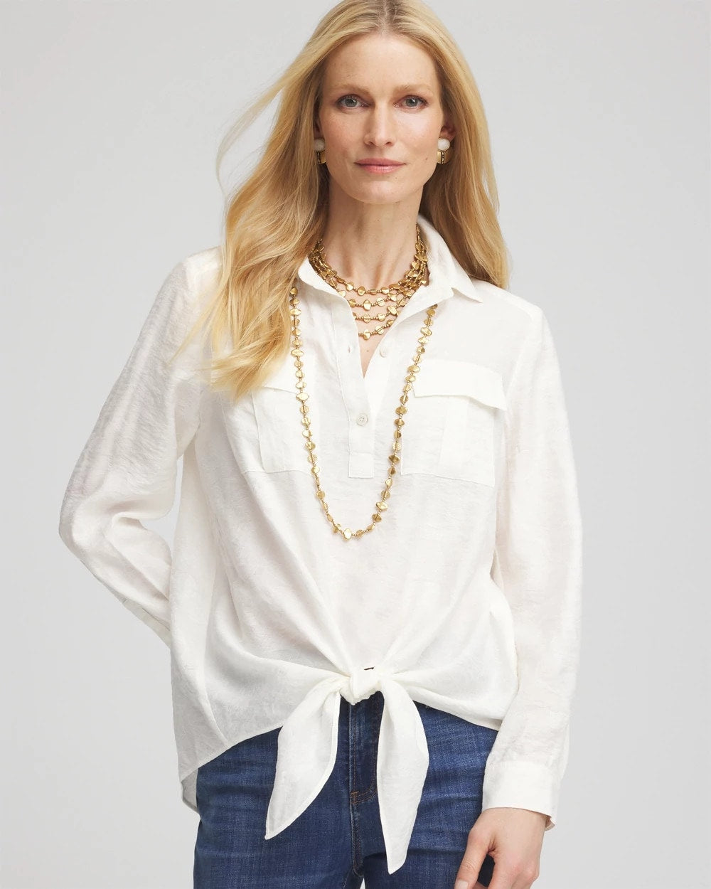 Chico's Textured Tie-Front Pullover Top ECRU