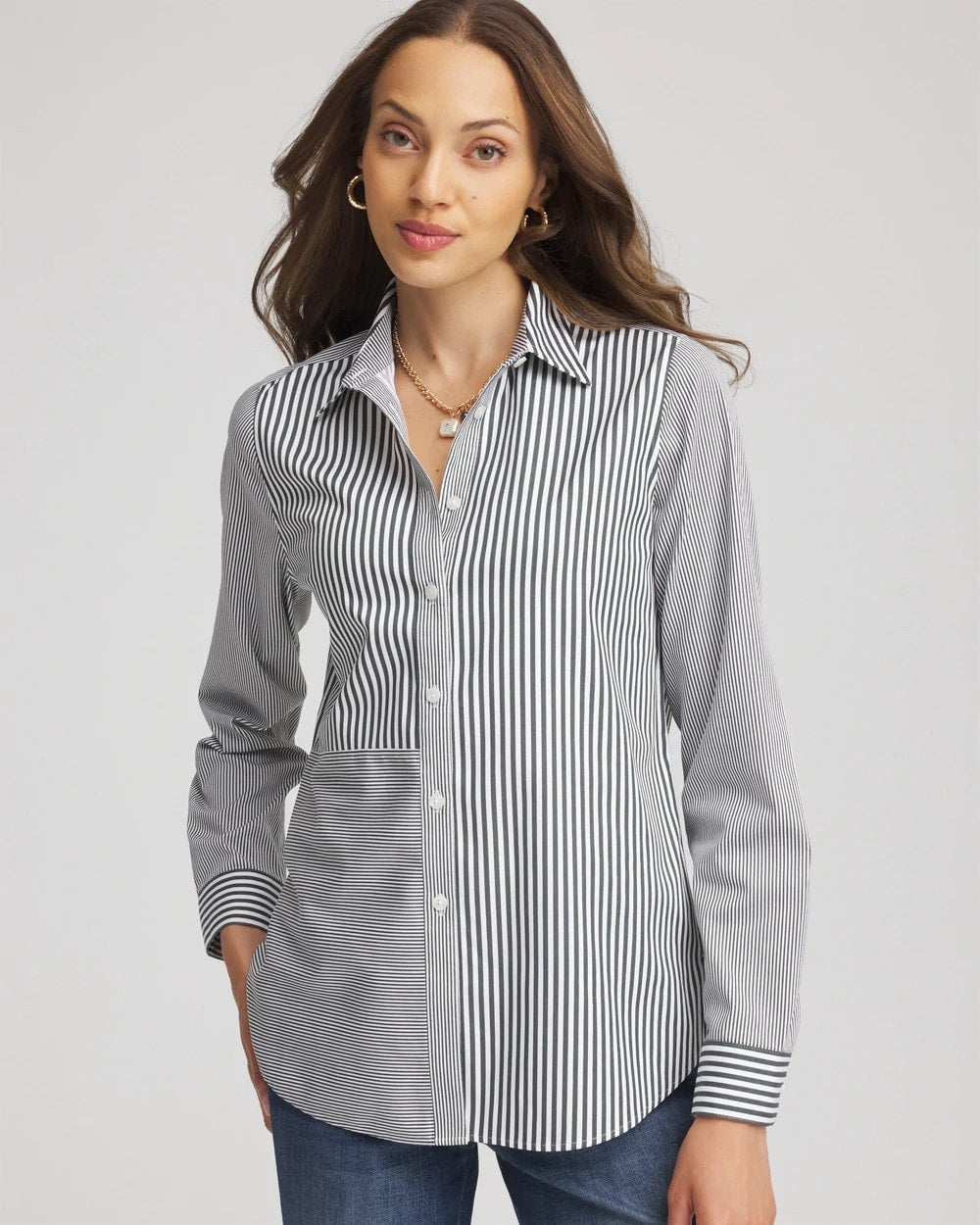 Chico's No Iron™ Colorblock Striped Shirt DARKEST SPRUCE