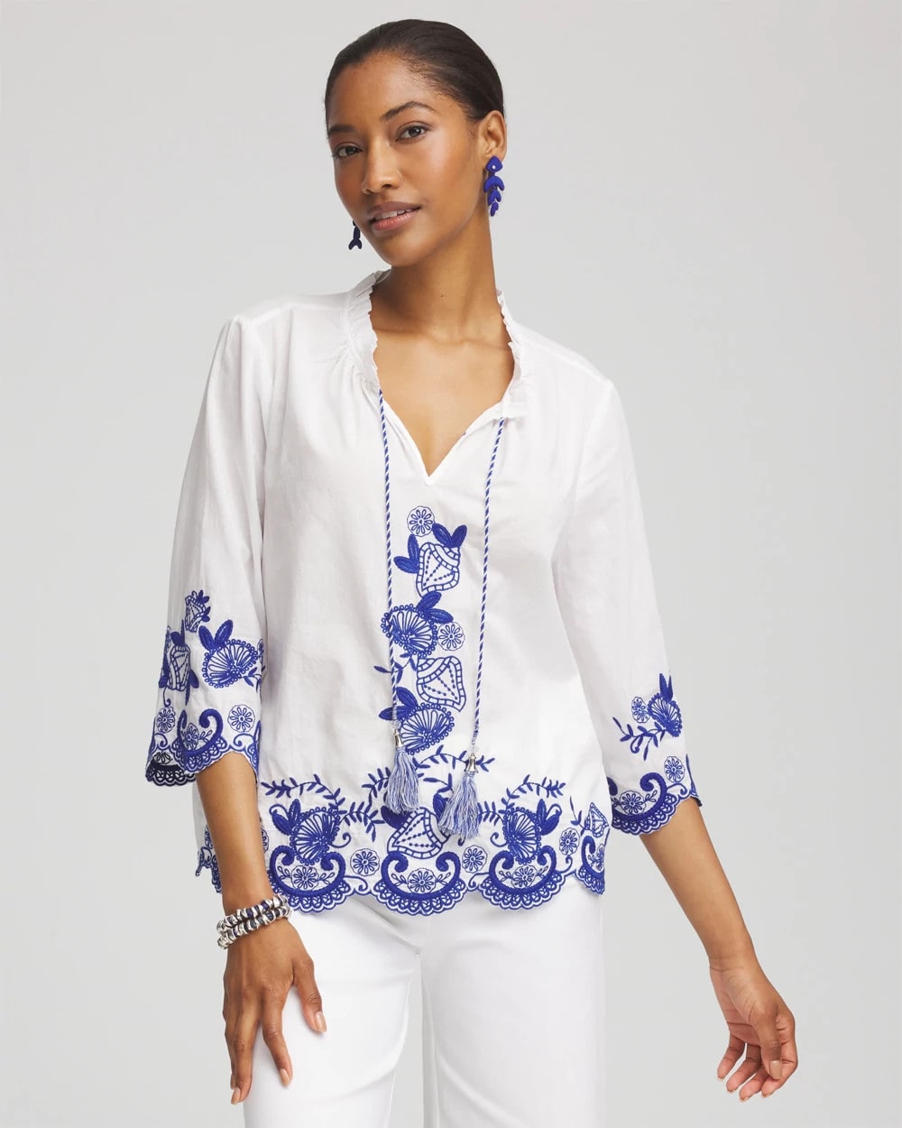 Chico's Embroidered Tassel Tie-Front Blouse RICH COBALT