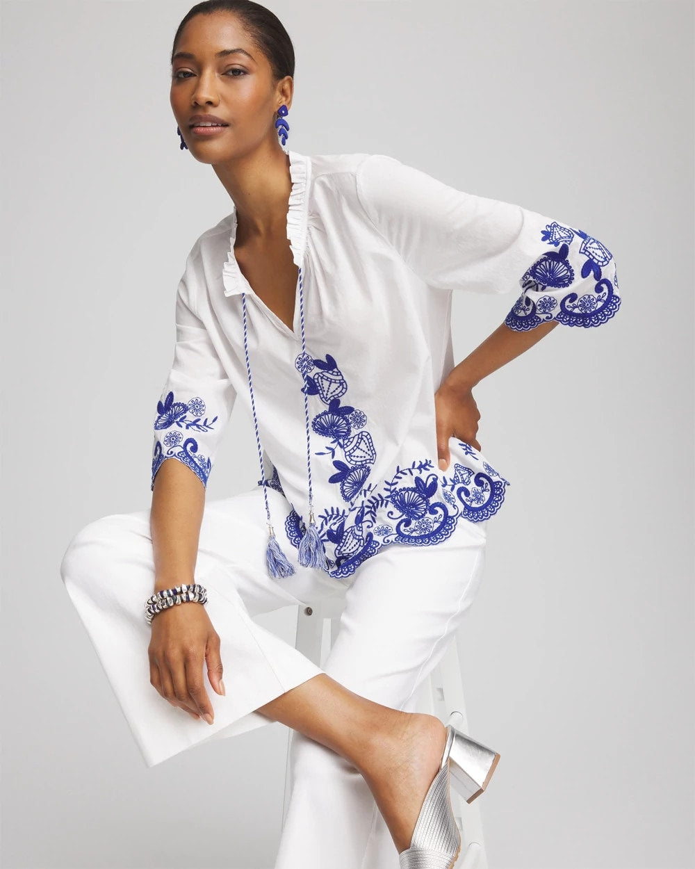 Chico's Embroidered Tassel Tie-Front Blouse RICH COBALT
