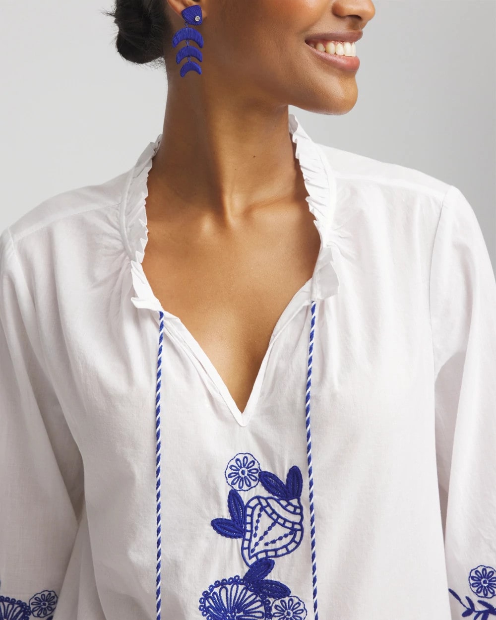 Chico's Embroidered Tassel Tie-Front Blouse RICH COBALT