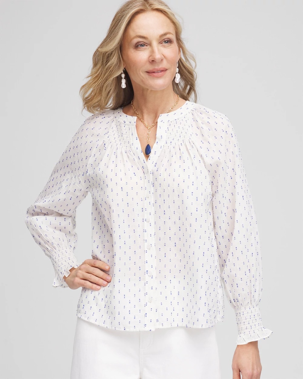 Chico's Smocked Split-neck Blouse BLUE CASA
