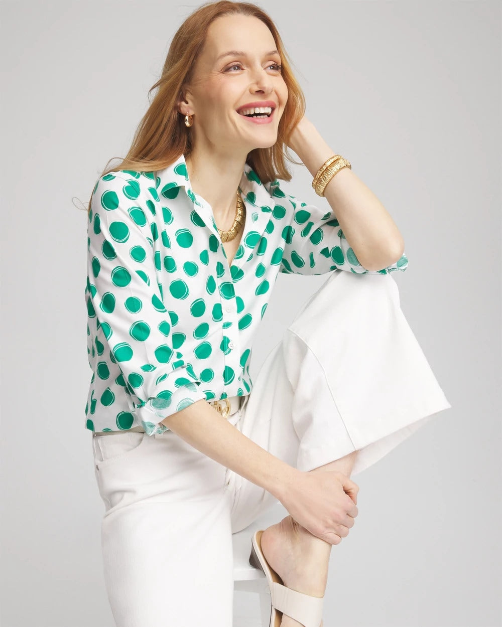 Chico's No Iron™ Polka-Dot Sateen Shirt EDEN GREEN