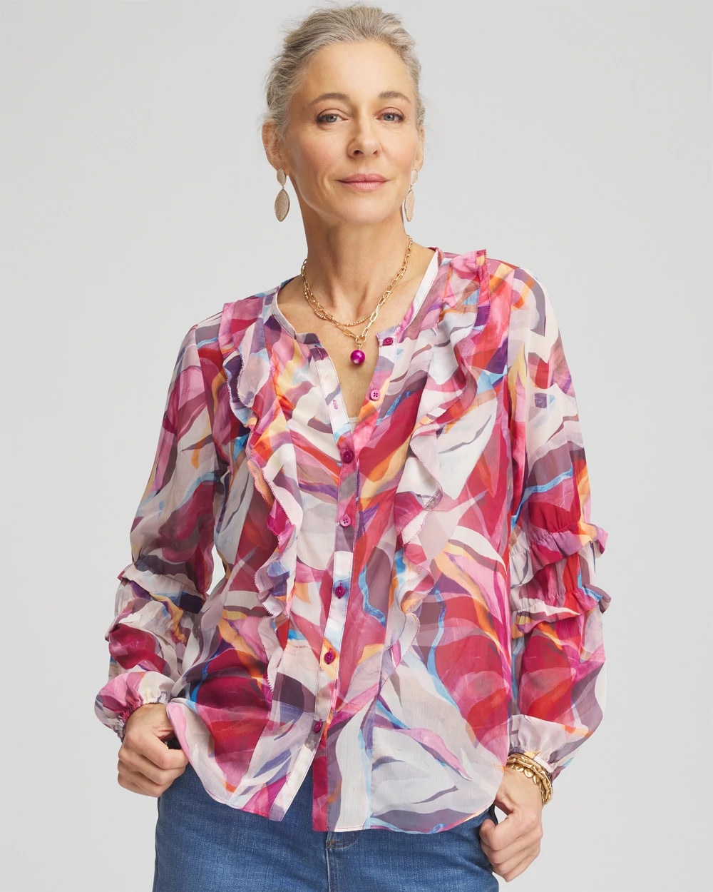 Chico's Abstract Ruffles Crinkle Blouse SWEET BERRY