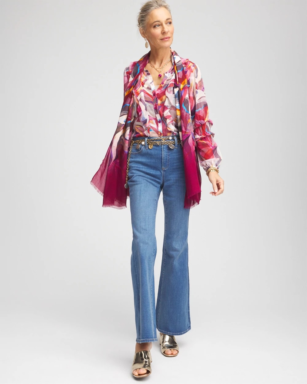 Chico's Abstract Ruffles Crinkle Blouse SWEET BERRY