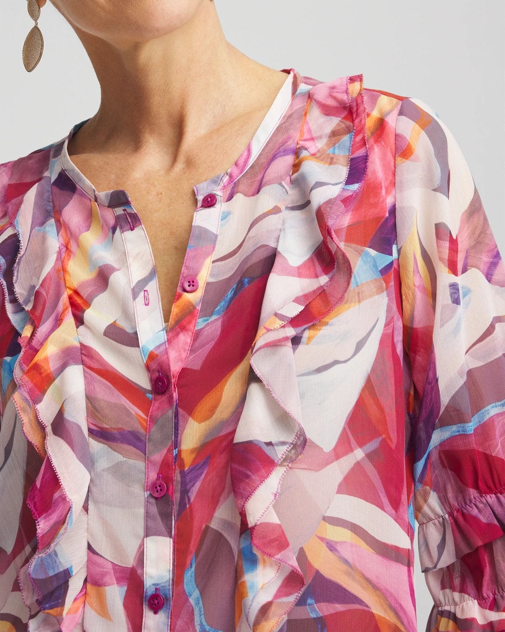 Chico's Abstract Ruffles Crinkle Blouse SWEET BERRY