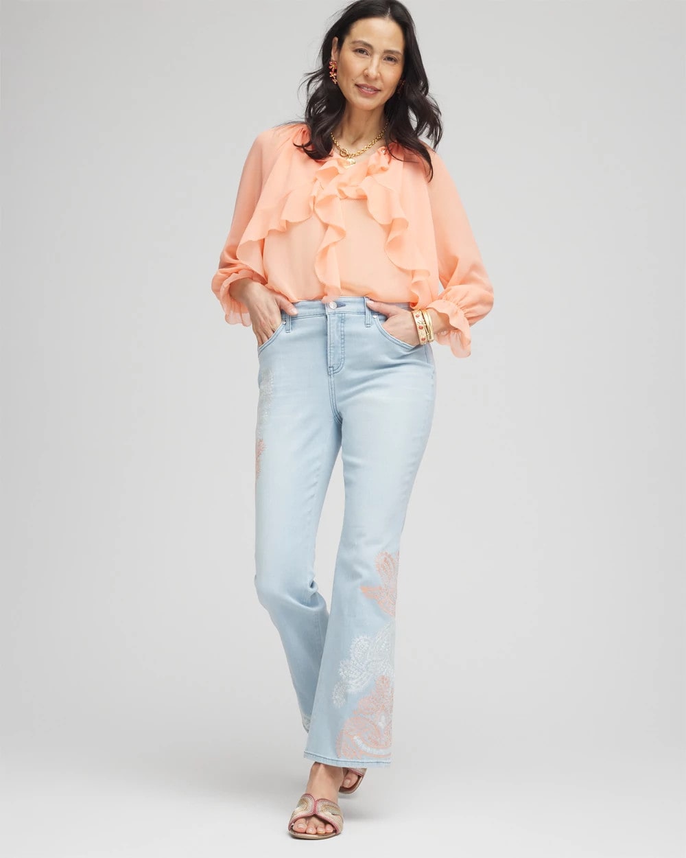 Chico's Georgette Sheer Ruffle Blouse CORAL BLOSSOM