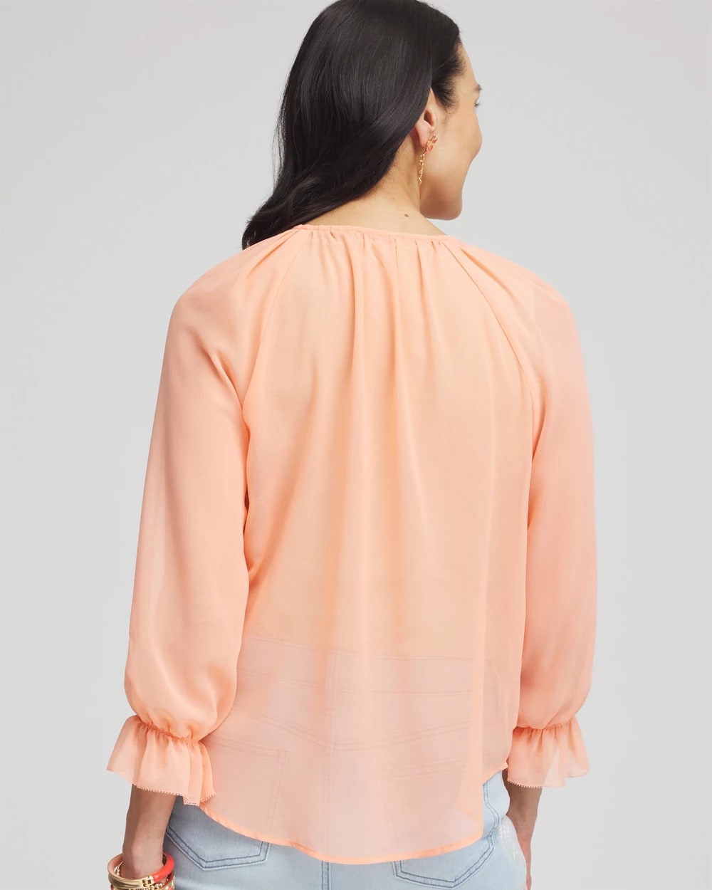 Chico's Georgette Sheer Ruffle Blouse CORAL BLOSSOM