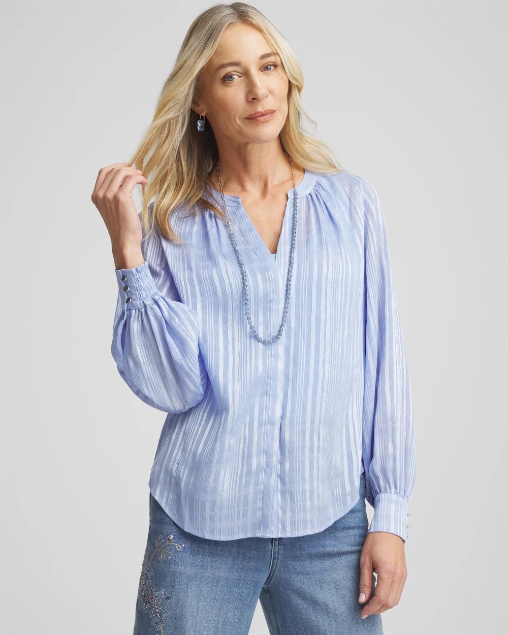 Chico's Split Neck Crinkle Blouse BLUE MUSE