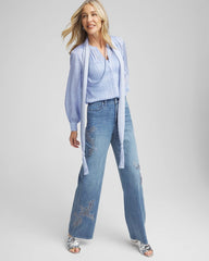 Chico's Split Neck Crinkle Blouse BLUE MUSE