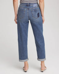 Chico's Boyfriend Patchwork Cropped Jeans WHIMSICAL INDIGO