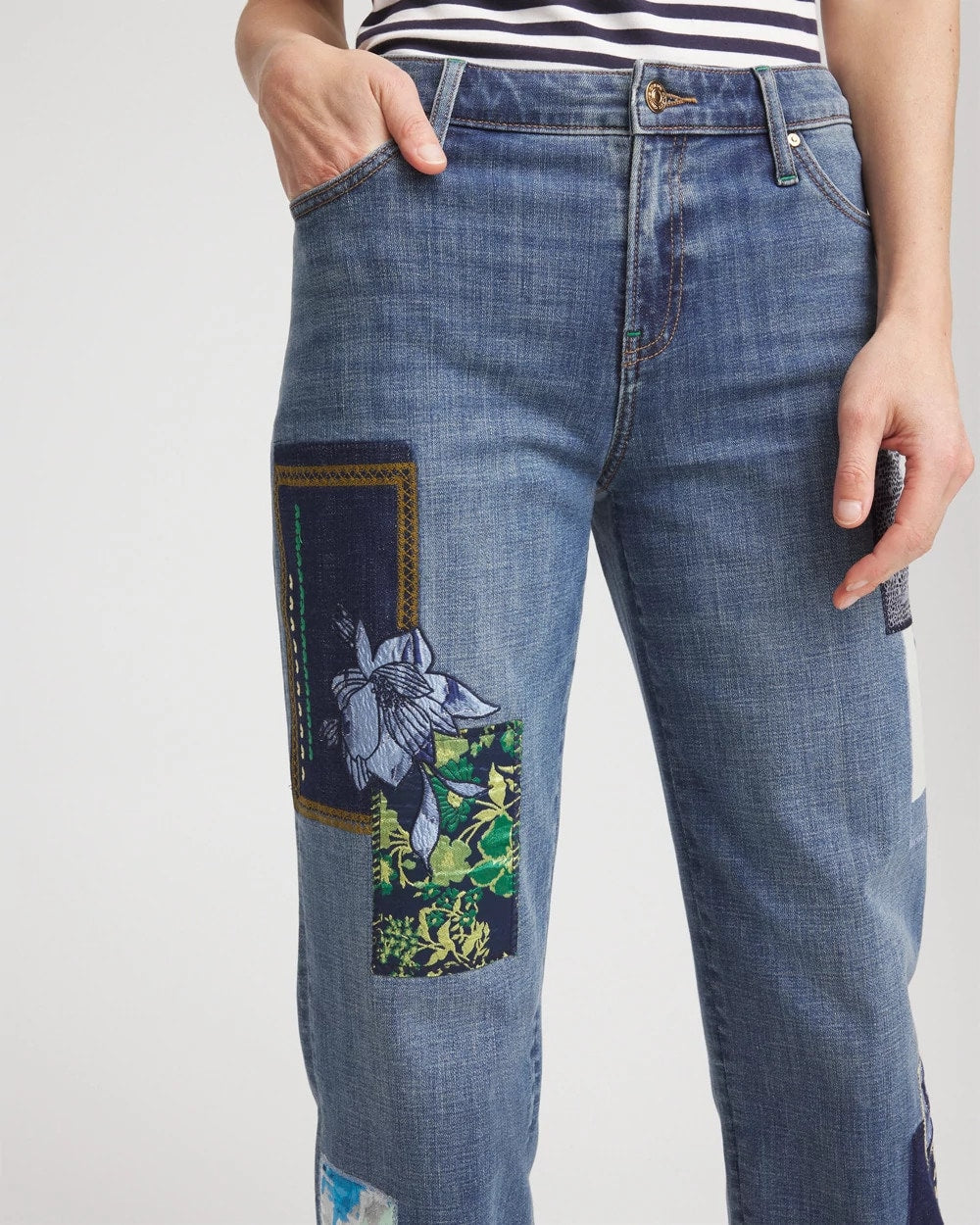 Chico's Boyfriend Patchwork Cropped Jeans WHIMSICAL INDIGO