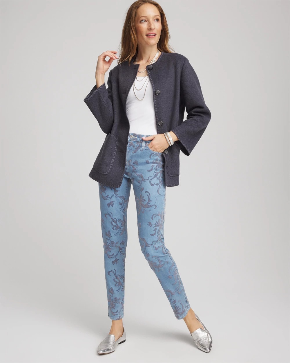 Chico's Girlfriend Slim Ankle Flocked Jeans FINFLOW INDIGO