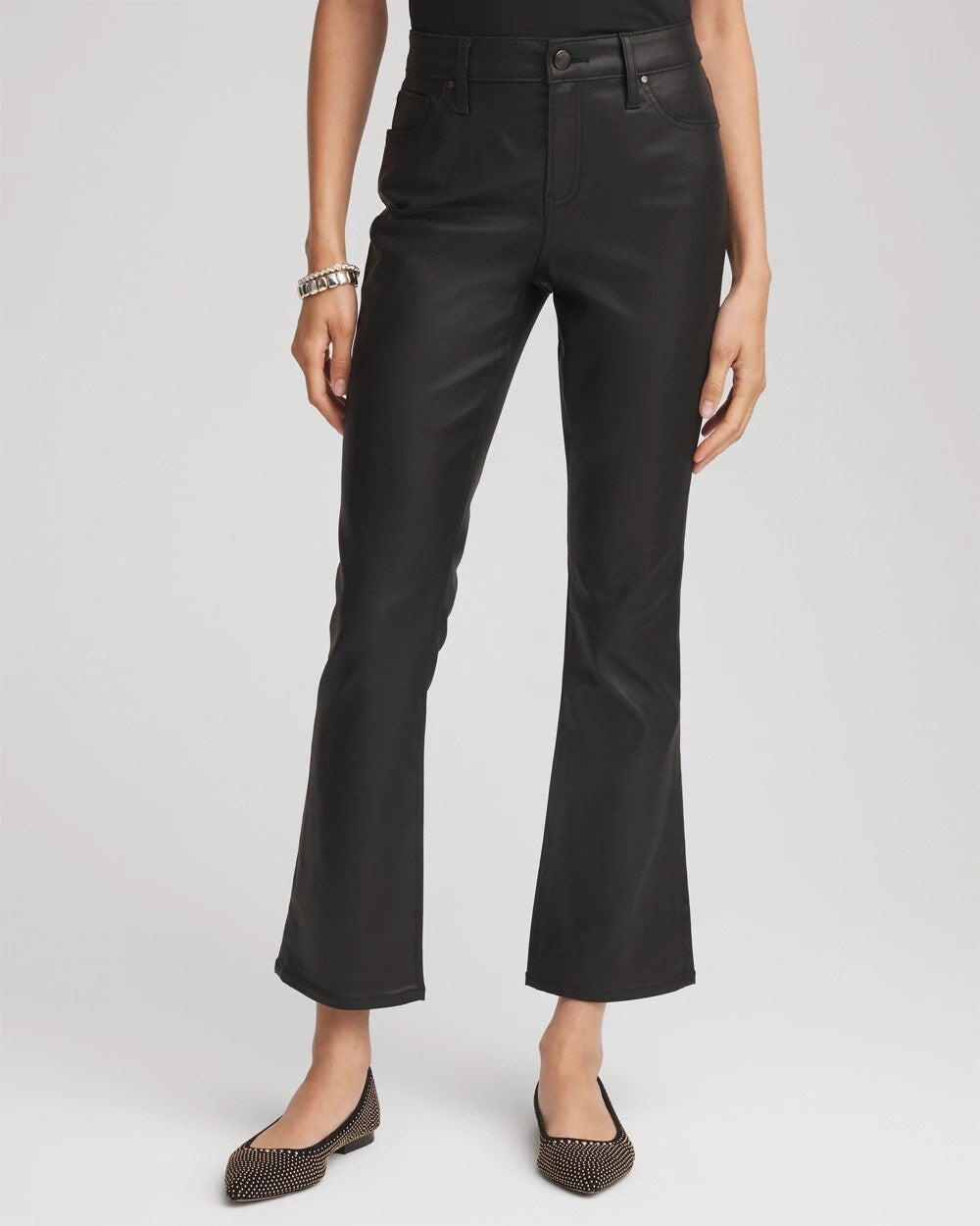 Chico's Coated Girlfriend Cropped Flared Jeans BLACK