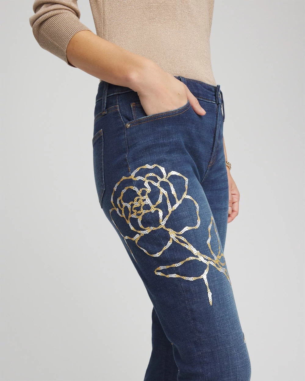 Chico's Sequins Rose Girlfriend Slim-Leg Jeans SEQUOIA INDIGO