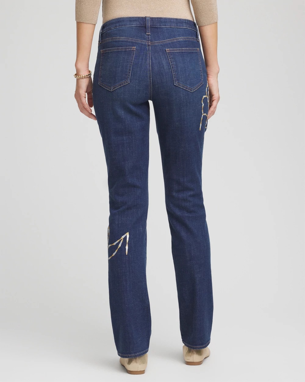 Chico's Sequins Rose Girlfriend Slim-Leg Jeans SEQUOIA INDIGO