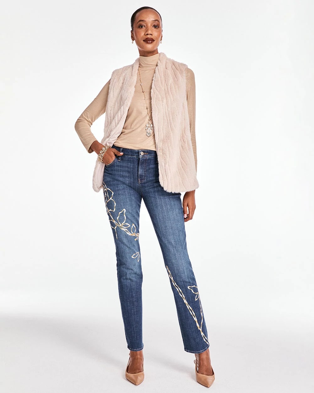 Chico's Sequins Rose Girlfriend Slim-Leg Jeans SEQUOIA INDIGO