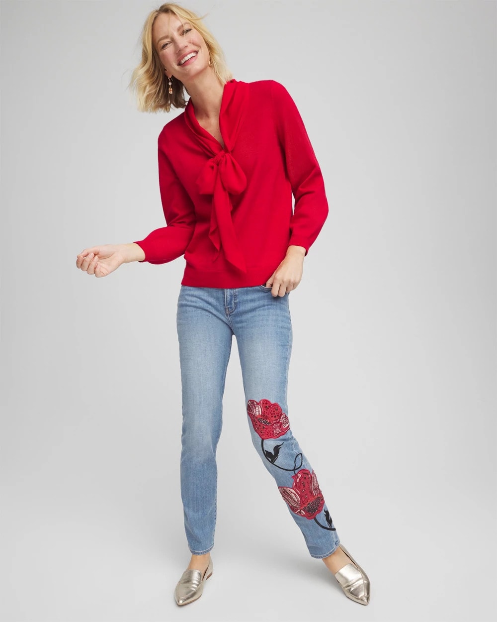 Chico's Placed Floral Girlfriend Slim Ankle Jeans POPPY INDIGO